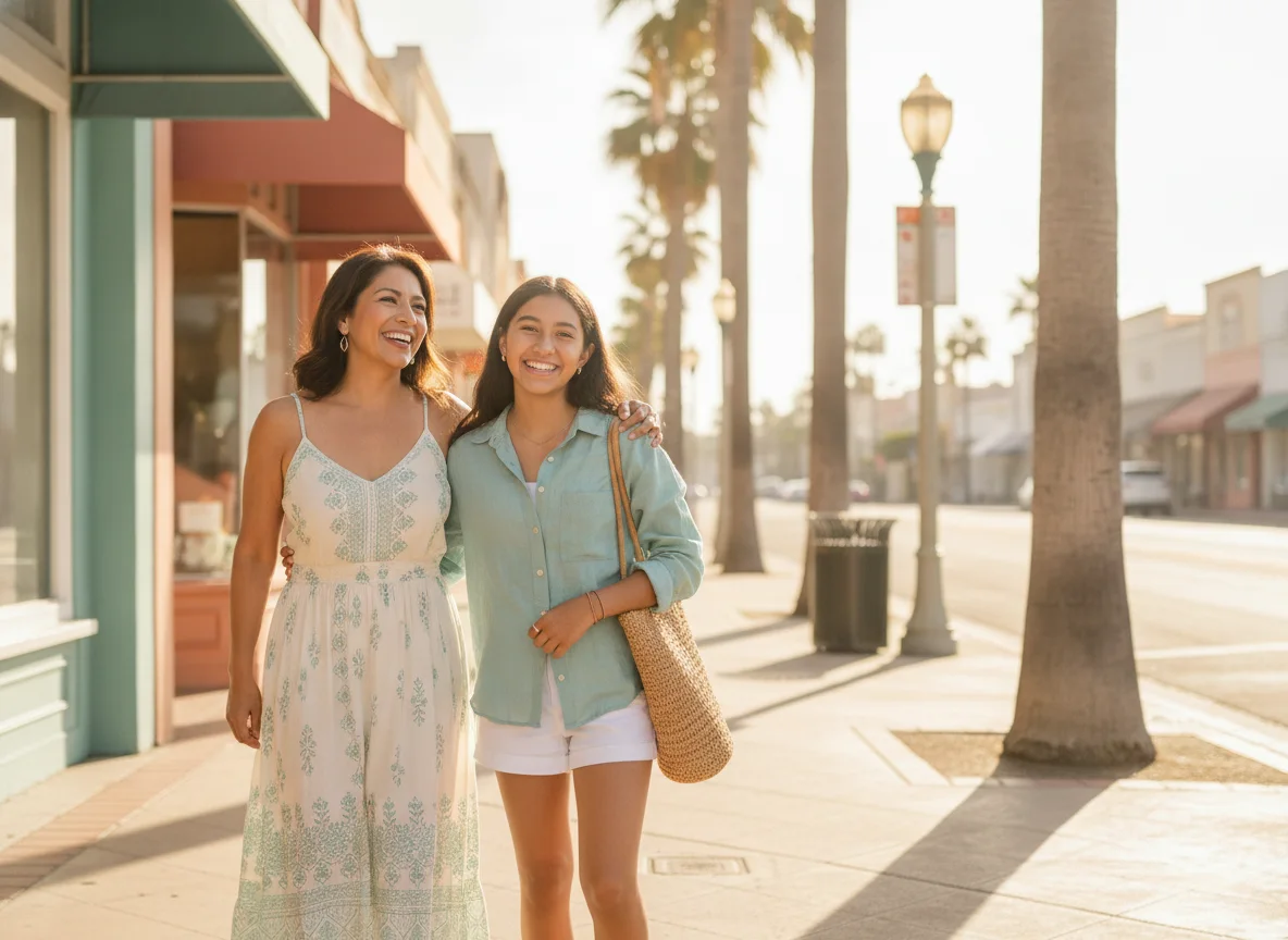 Two women walking along a sunny shopping street