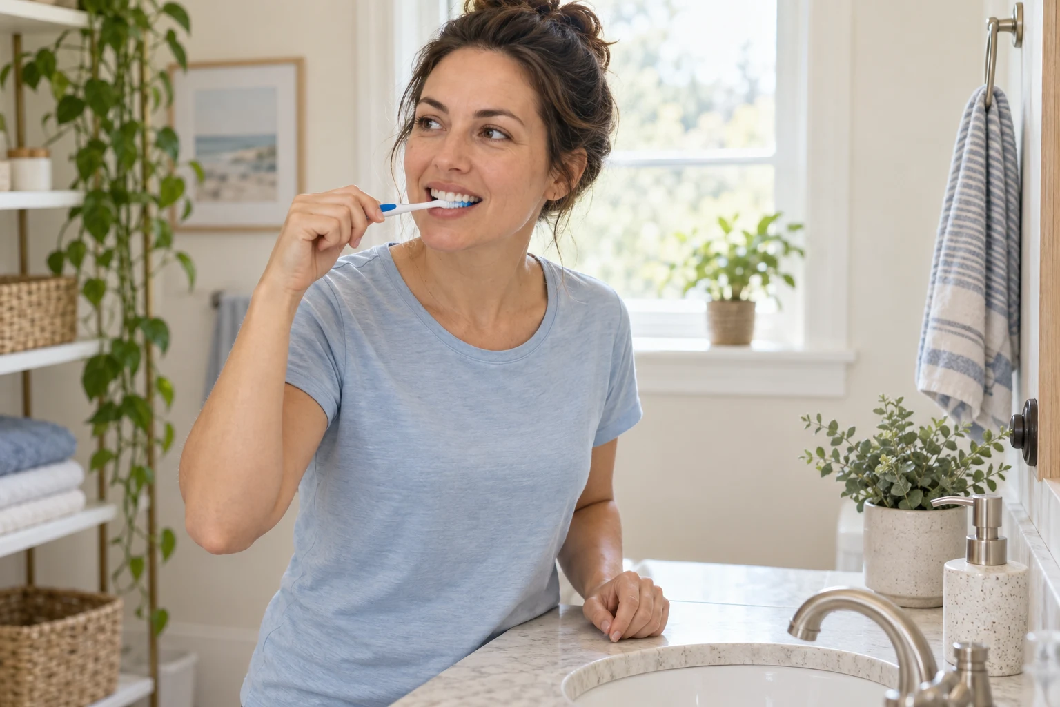 Woman in a blue T-shirt brushing her teeth at home