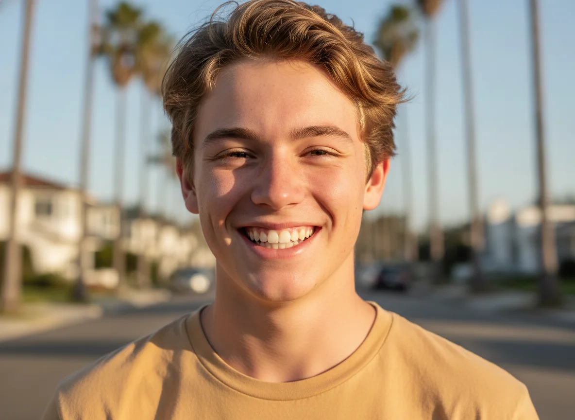 Smiling man in a yellow shirt outdoors